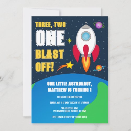 Space Rocket Ship 1st Birthday Party Invitation