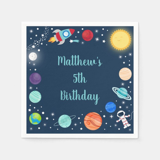 Space Rocket Ship Astronaut Planets Birthday Napkins (Front)