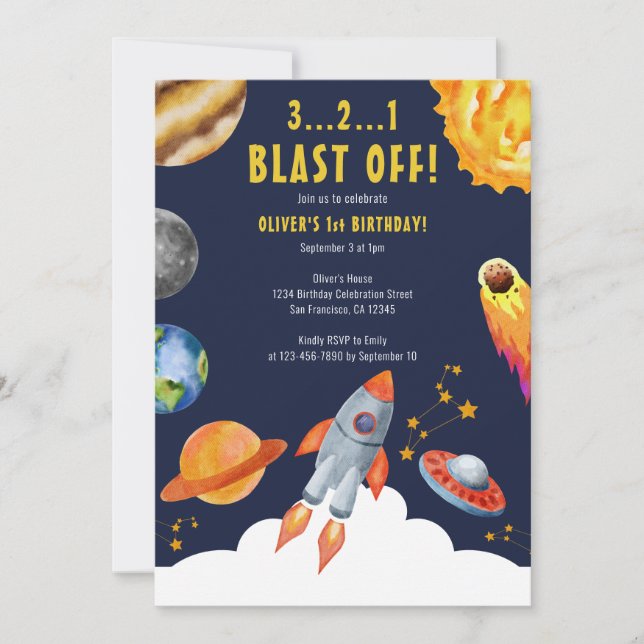 Space Rocket Ship Blast Off 1st Birthday Party  Invitation (Front)