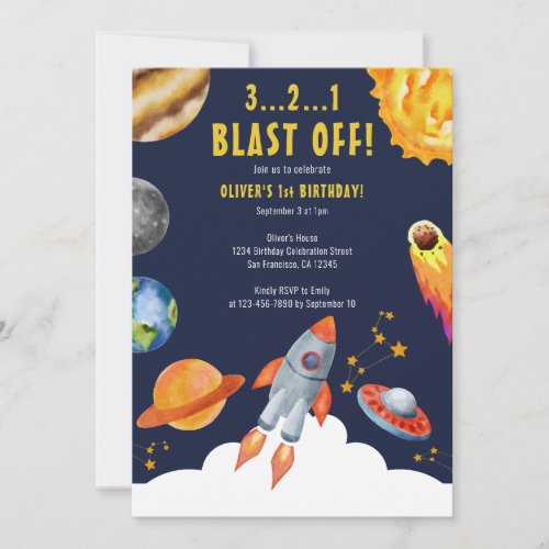 Space Rocket Ship Blast Off 1st Birthday Party  Invitation