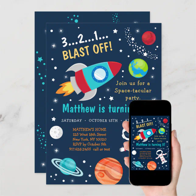 Space Rocket Ship Blast Off Birthday Invitation | Zazzle