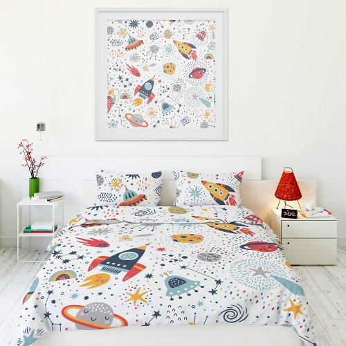 Space Rocket Ship Doodle Planets and Stars Duvet Cover