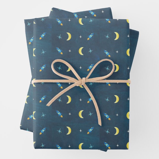 Space Rocket Ship Pattern Wrapping Paper Sheets (In situ)