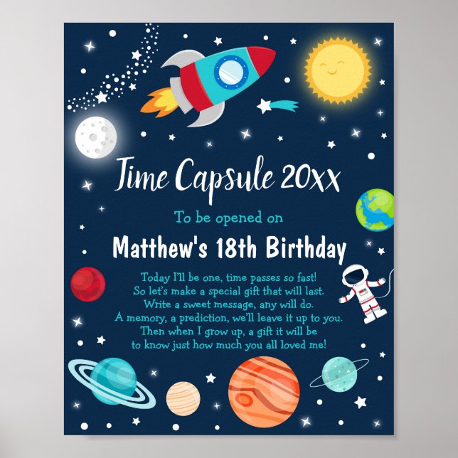 Space Rocket Ship Planet Time Capsule 1st Birthday Poster (Front)