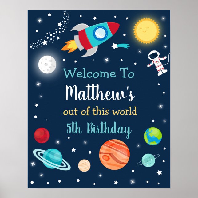 Space Rocket Ship Planets Birthday Welcome Poster (Front)