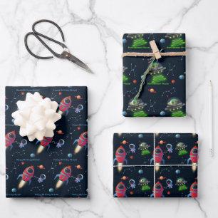 Space Rocket Ship   UFO Alien Astronaut Birthday Wrapping Paper Sheets
