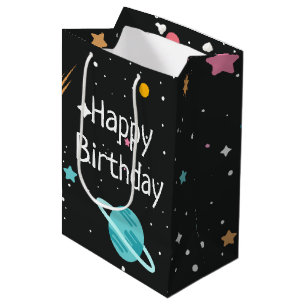 Space Rocket Ships and Planets on Black Medium Gift Bag