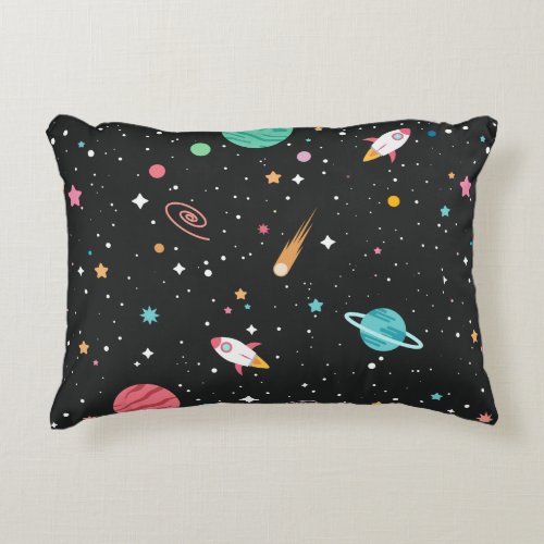 Space Rocket Ships and Stars Accent Pillow