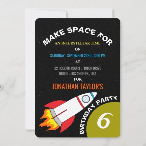 Space Rocket to the Moon Childrens Birthday Invitation