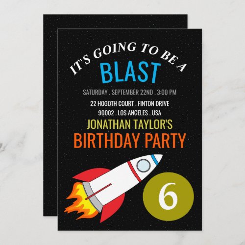 Space Rocket to the Moon Childrens Birthday Invitation