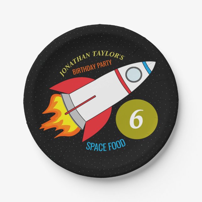 Space Rocket to the Moon Children's Birthday Paper Plates (Front)