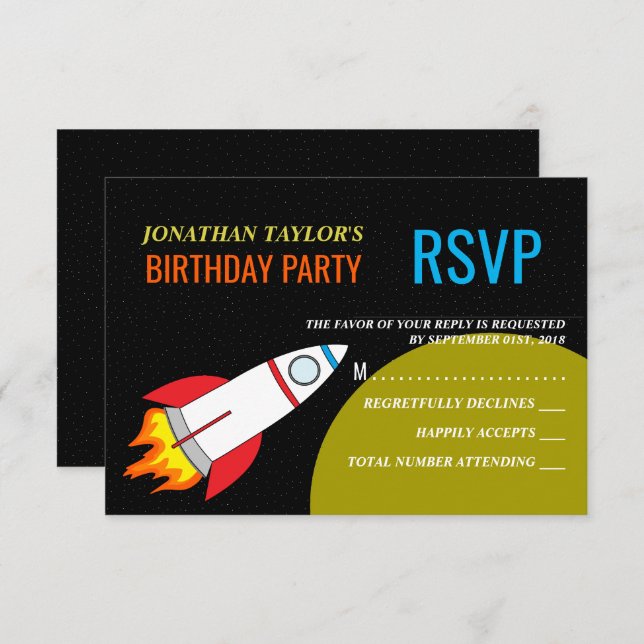 Space Rocket to the Moon Children's Birthday RSVP Invitation (Front/Back)