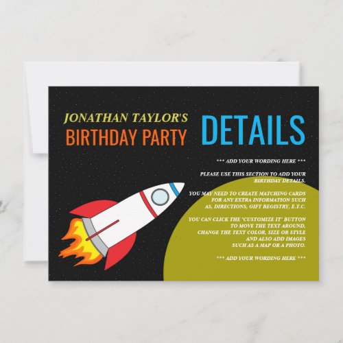 Space Rocket to the Moon Kids Birthday Detail Invitation