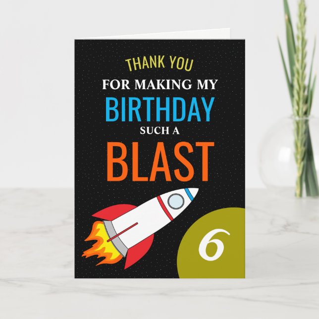 Space Rocket to the Moon Kid's Birthday Thank You Card (Front)