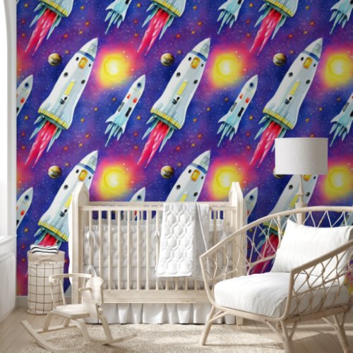 Space rockets and galaxy seamless pattern boys wallpaper 