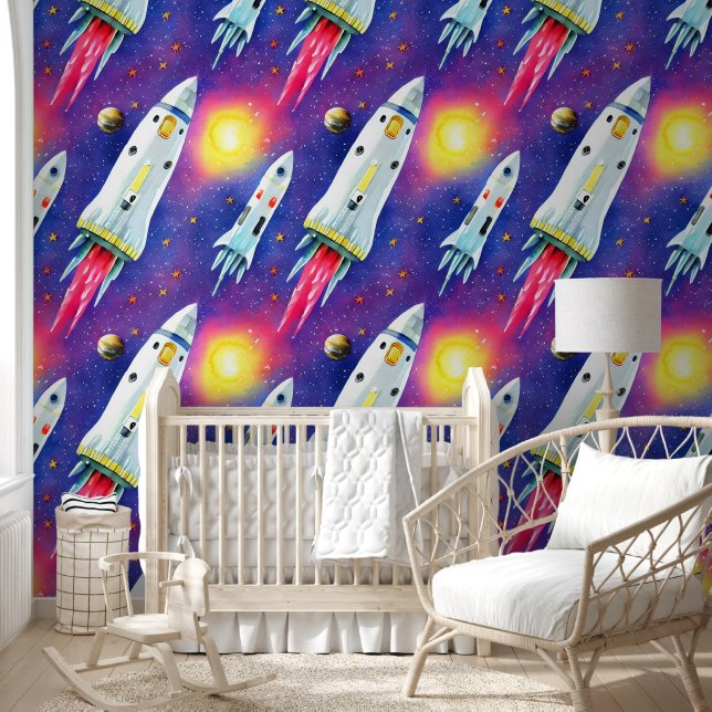 Space rockets and galaxy seamless pattern boys wallpaper  (Kids)