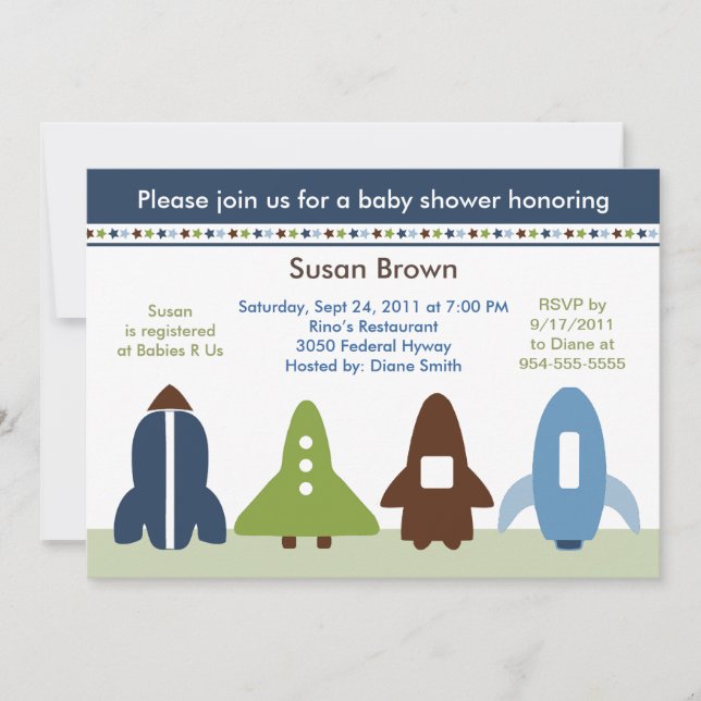 Space Rockets Baby Shower Invitation (Front)