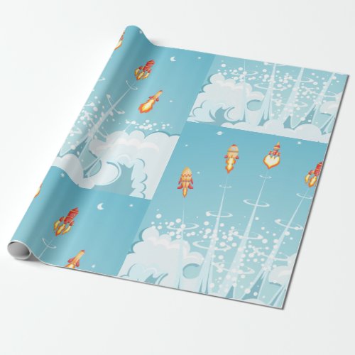 Space Rockets Blast Off Wrapping Paper