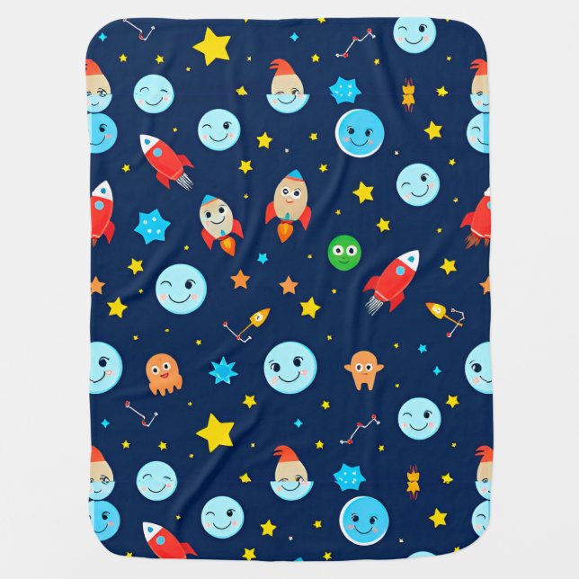 🚀🌌 Space Rockets Blue Nursery Decor ✨⭐ Baby Blanket (Front)