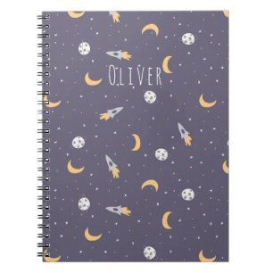 Space Rockets Moons & Custom Name on Deep Purple Notebook