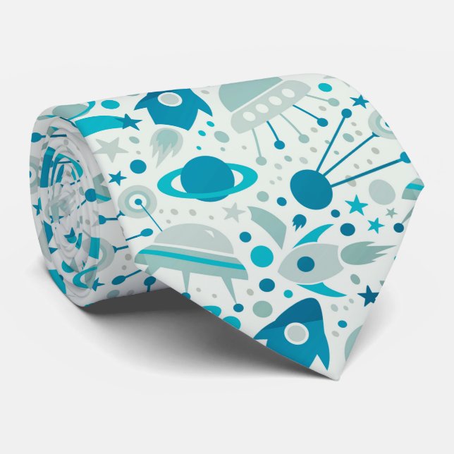 Space Rockets Planets Geek Tie (Rolled)