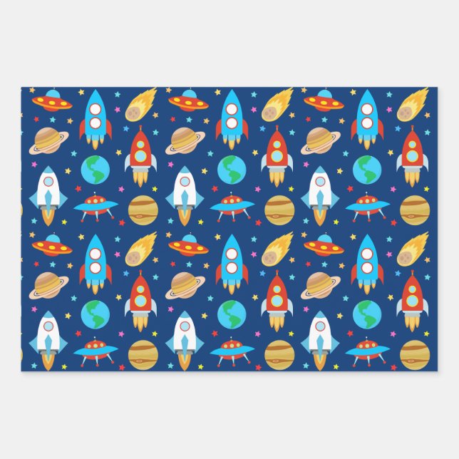 Space Rockets Stars Comets Planets Blue Wrapping Paper Sheets (Front)