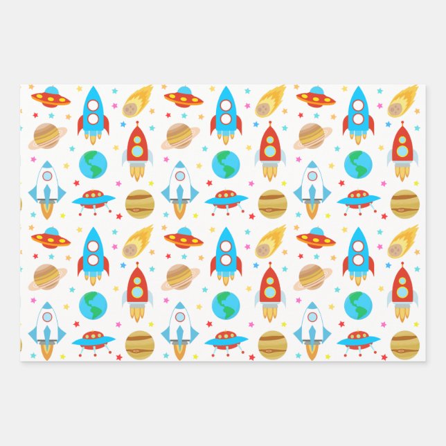 Space Rockets Stars Comets Planets Wrapping Paper Sheets (Front)