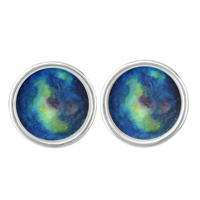 Space Round Cufflinks, Silver Plated Cufflinks (Front)