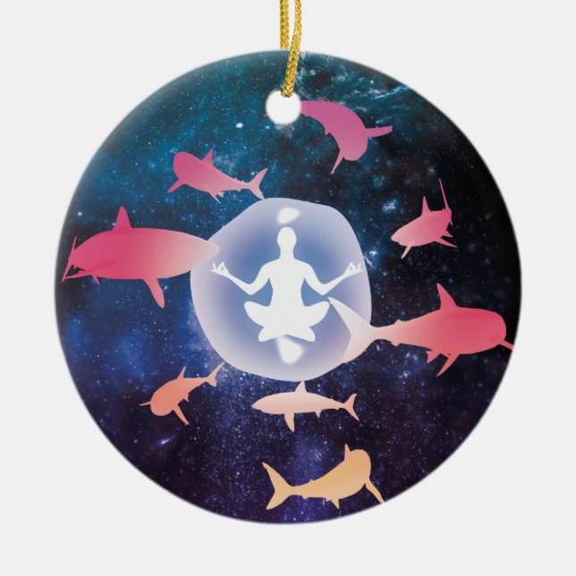 Space Sharks and Meditation Art Ceramic Ornament (Front)