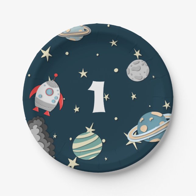 Space Ship and Planets First Birthday Galaxy Paper Plates (Front)