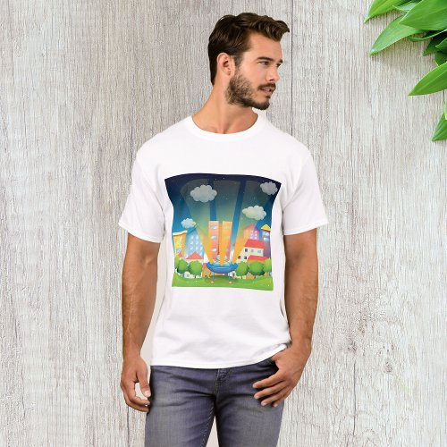 Space Ship In The City Mens T_Shirt