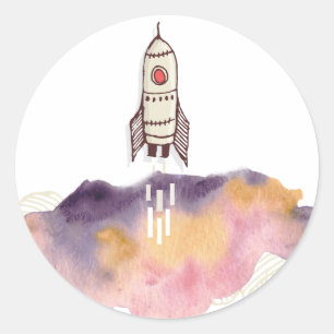 Space Ship Lift Off in Colorful Cloud Classic Round Sticker