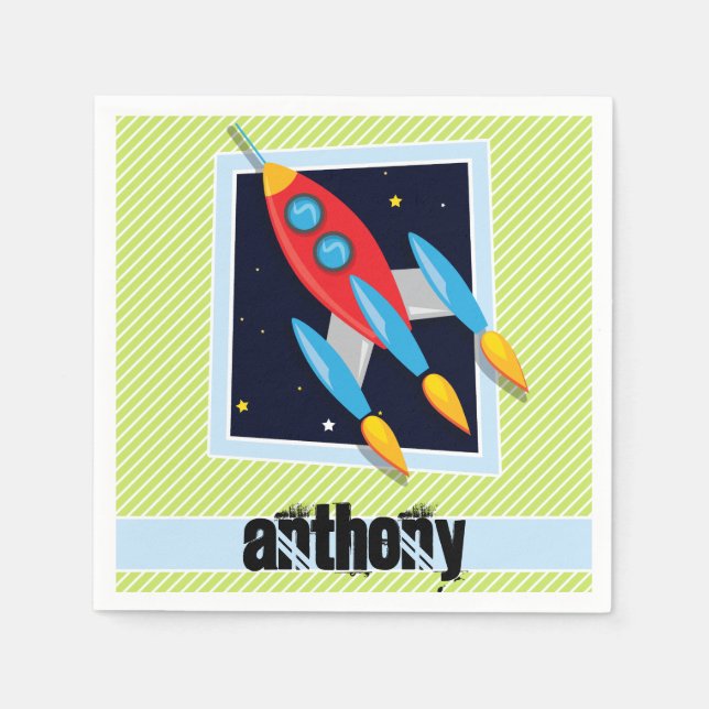 Space Ship; Lime Green & White Stripes Napkins (Front)