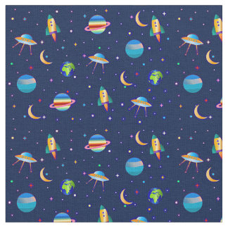 Space Ship Planet Rocket Venus Moon Stars Earth Fabric