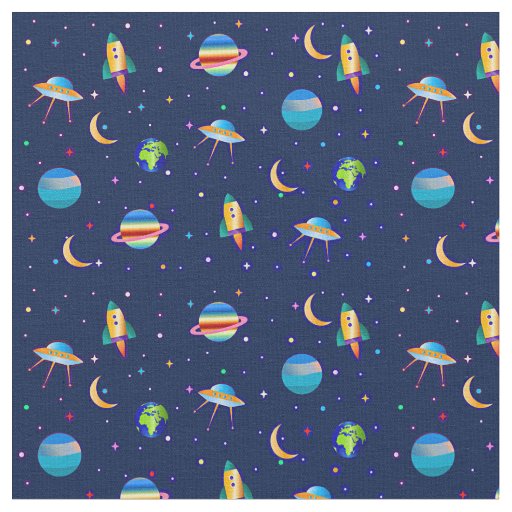Space Ship Planet Rocket Venus Moon Stars Earth  Fabric