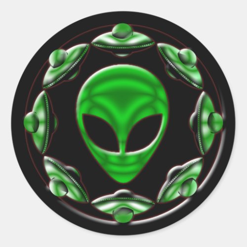 SPACE SHIPS AND ALIEN HEAD CLASSIC ROUND STICKER