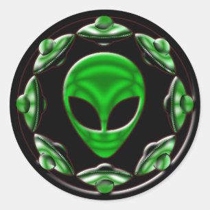 SPACE SHIPS AND ALIEN HEAD CLASSIC ROUND STICKER
