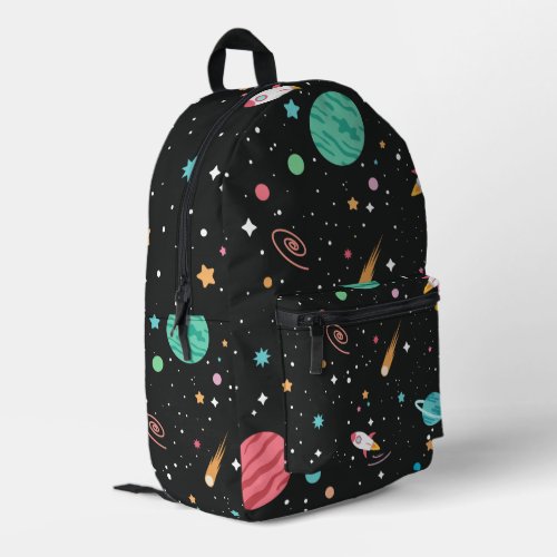 Space Ships and Planets on Black Printed Backpack