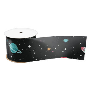 Space Ships and Planets on Black Satin Ribbon