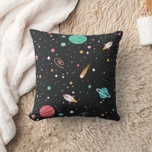 Space Ships and Planets on Black Throw Pillow