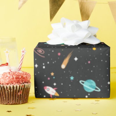 Space Ships and Planets on Black  Wrapping Paper