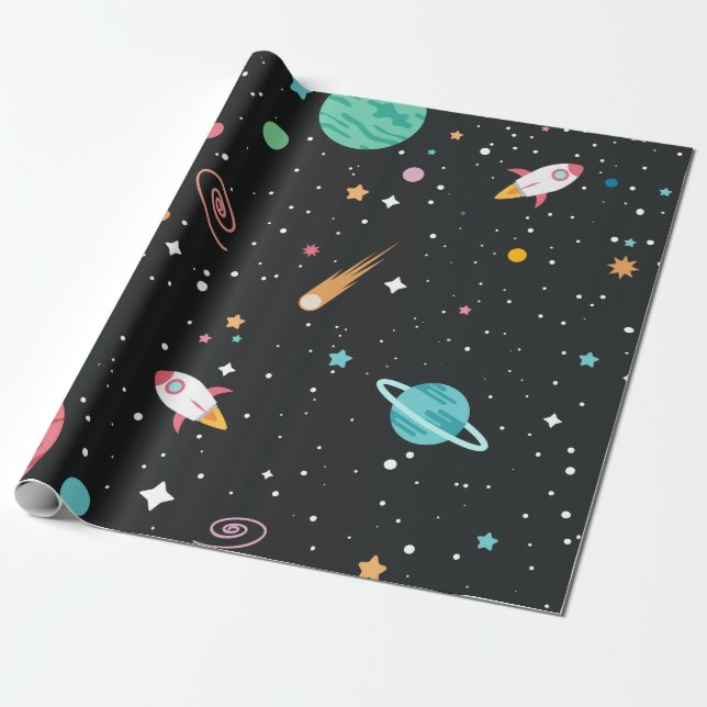 Space Ships and Planets on Black Wrapping Paper (Unrolled)