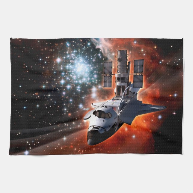 Space Shuttle Atlantis Hubble Telescope Artwork Kitchen Towel (Horizontal)