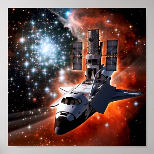 Space Shuttle Atlantis Hubble Telescope Artwork Poster
