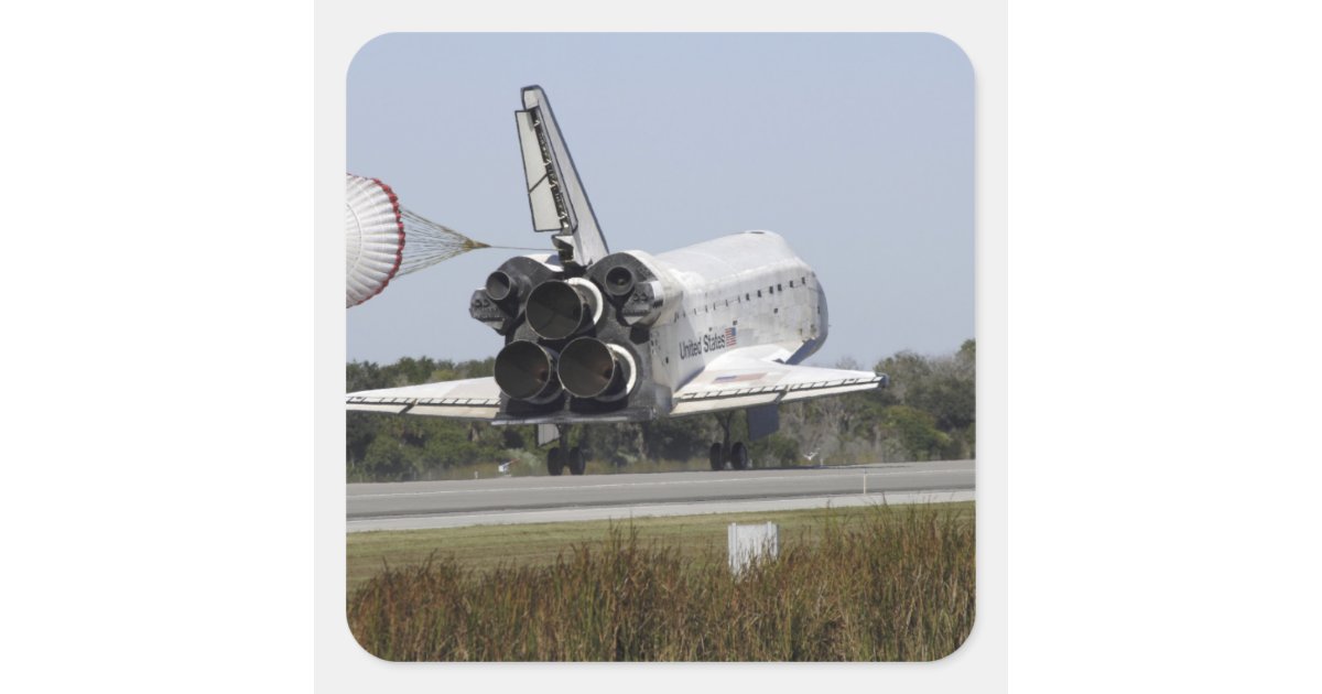 Space shuttle Atlantis unfurls its drag chute 2 Square Sticker | Zazzle