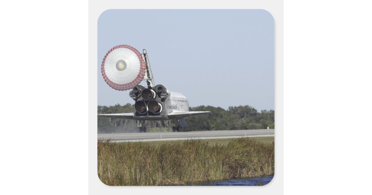 Space shuttle Atlantis unfurls its drag chute 3 Square Sticker | Zazzle