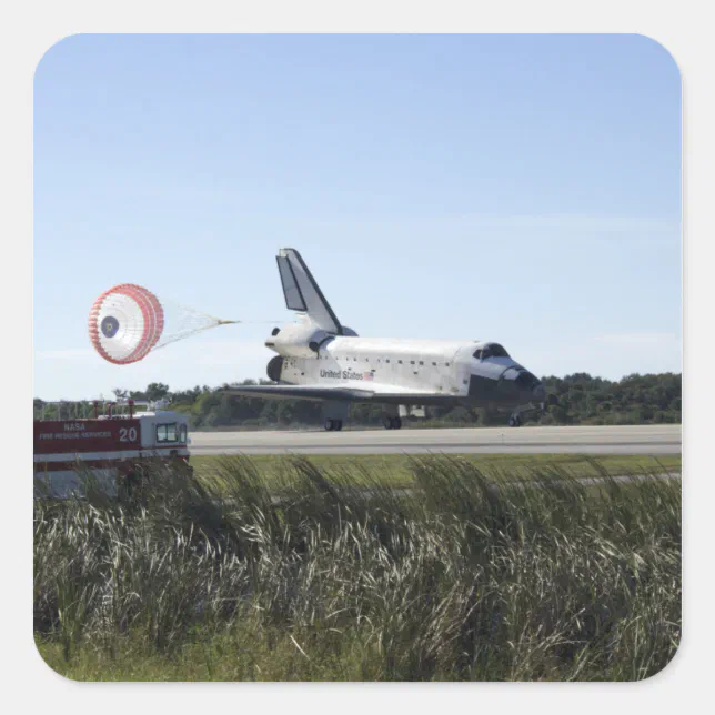 Space shuttle Atlantis unfurls its drag chute Square Sticker | Zazzle