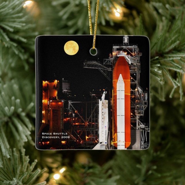 Space Shuttle Discovery and Full Moon Christmas Ceramic Ornament (Tree)