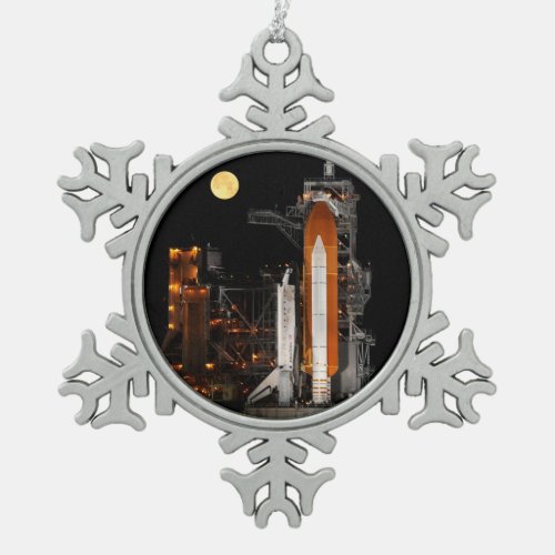 Space Shuttle Discovery and Moon Snowflake Pewter Christmas Ornament