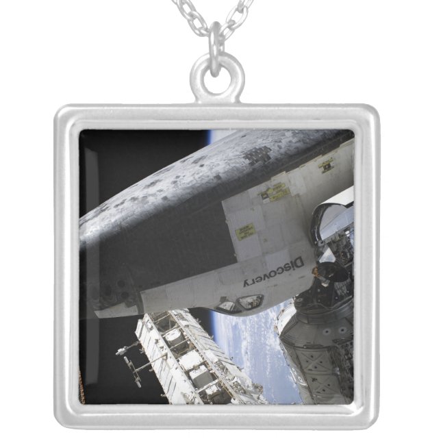 Space Shuttle Discovery docked Silver Plated Necklace (Front)